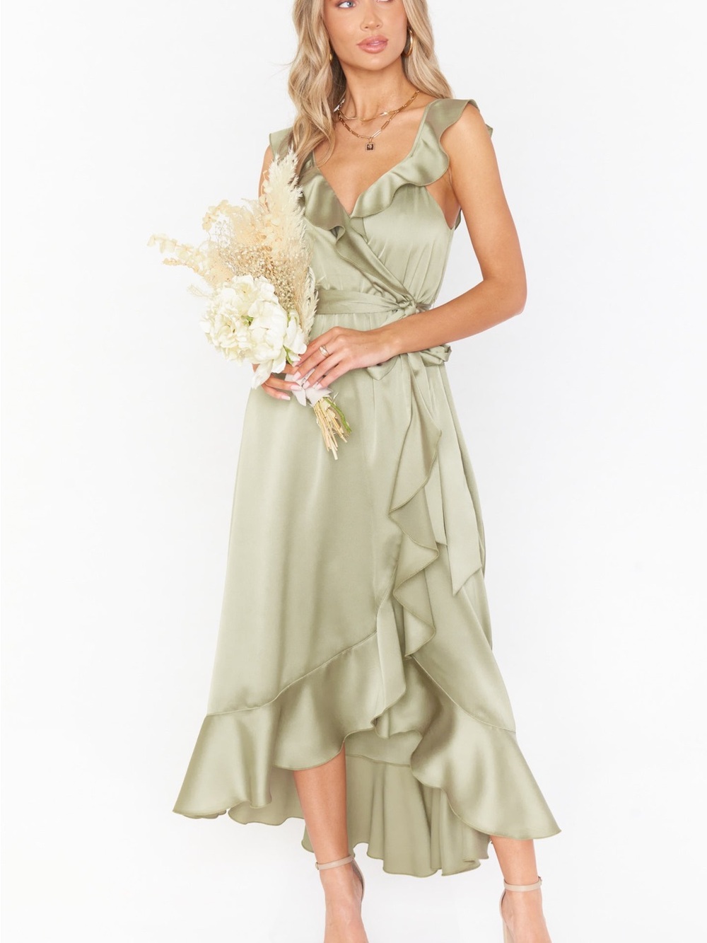 Show Me Your MuMu Sage Green Satin Ruffle Wrap High-Low Dress